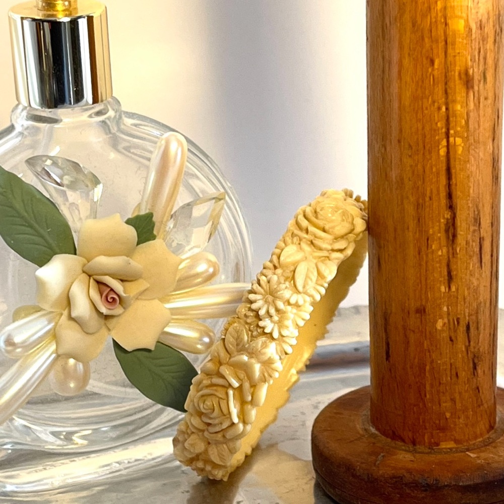 Vintage Celluloid Carved Floral Bangle Bracelet